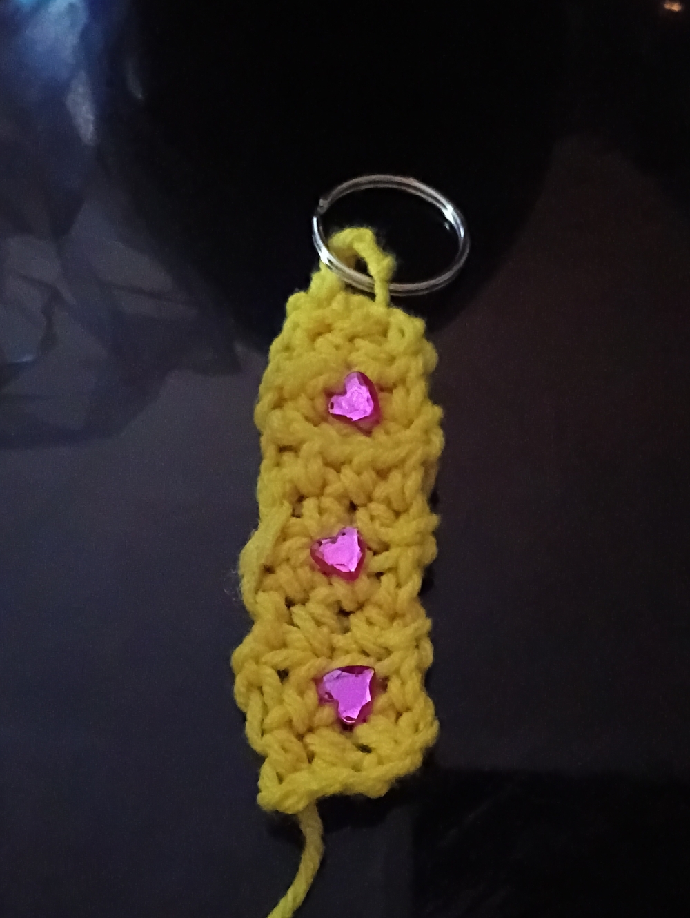 Yellow Crochet Keyring with Pink Heart Accents